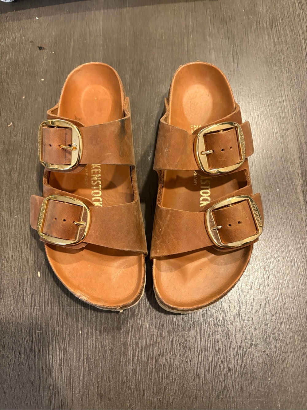 Birkenstock Arizona Big Buckle Cognac Leather Sandals Gold 37